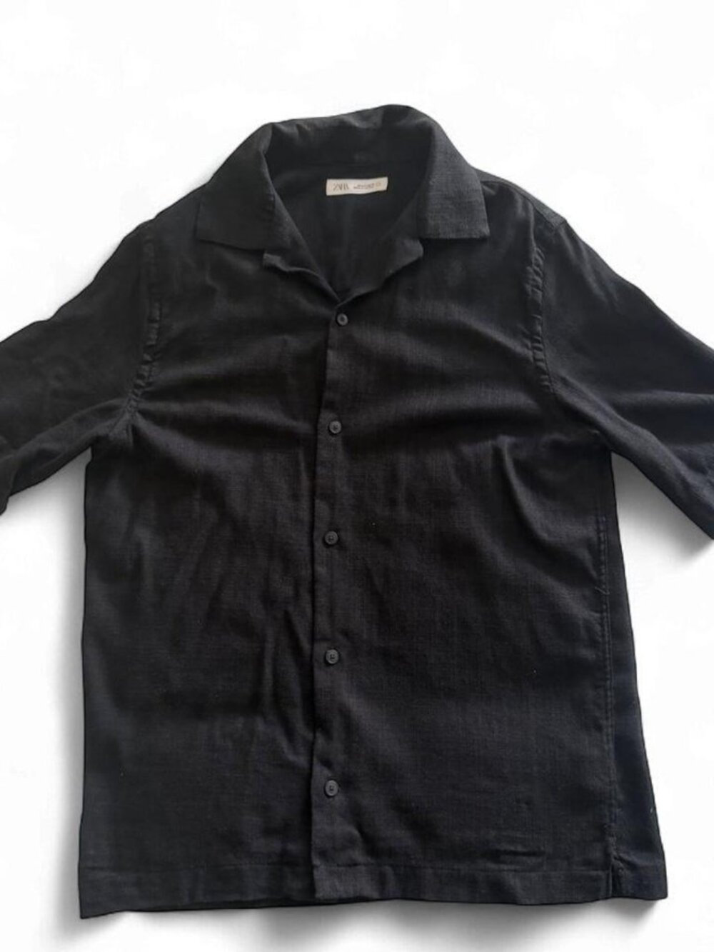 ZARA Men Black Linen Blend Short Sleeve Shirt Small S Camp Collar Resort Boxy